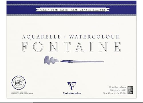 Clairefontaine 96407C Aquarellblock Fontaine (4-seitig verleimt, halbsatiniert, 100% Hadern, glatt, für präzise Arbeiten und Ausarbeitungen, ideal für Nasstechniken, 30 x 40 cm, 25 Blatt, 300g) weiß