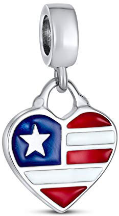 Bling Jewelry Rouge, Blanc, Bleu, Rayures Fête De L'Amérique, Drapeau Patriotique Des États-Unis, Perle En Forme De Cœur À Pendre Pour Femmes Ados, En Argent Sterling 925 Pour Bracelet Européen