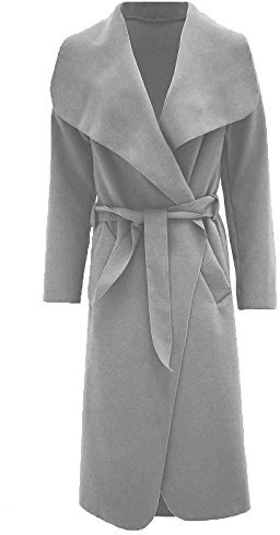 Hina Fashion Women Ladies Italian Waterfall Belted Long Sleeve Coat Jacket Top, Grey, One Size Fits 8-16