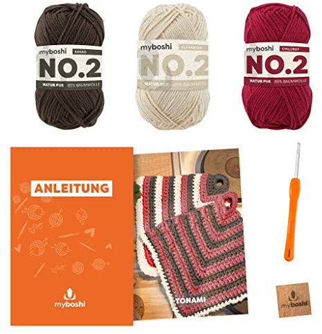 myboshi Häkelset Topflappen Tonami, inkl. No.2 Wolle, Nadel und Anleitung, Häkelpaket 85% Baumwolle, 15% Kapok Braun, mit Häkelnadel