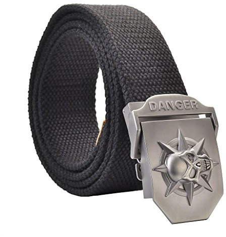 FALETO Herren Gürtel Freizeit Herrengürtel mit 3D Schädel Totenkopf Schnalle aus Leinwand Canvas Belts 125CM Schwarz+ Original Geschenkbox