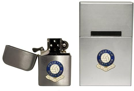 Preston North End football club stormproof petrol lighter and metal cigarette packet cover