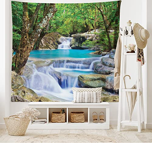 ABAKUHAUS Natur Wandteppich, Felsen in See mit Wasserfall aus Weiches Mikrofaser Stoff Waschbar ohne Verblassen Digitaldruck, 150 x 110 cm, Braun Grün