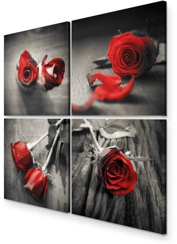 murando - Wandbilder Set Blumen 40x40 cm 4 Teilig je 20x20 Vlies Leinwandbild Kunstdruck modern Wandbilder XXL Wanddekoration Design Wand Bild mehrteilig - Rose rot schwarz