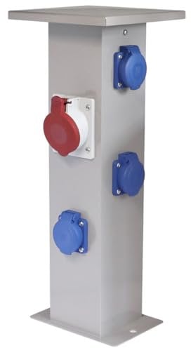 WITTKOWARE Alu-Steckdosensäule für Festinstallation, Standverteiler bestückt mit 3X 16A Schutzkontakt-Steckdosen und 1x 16A CEE-Steckdose, Farbe grau