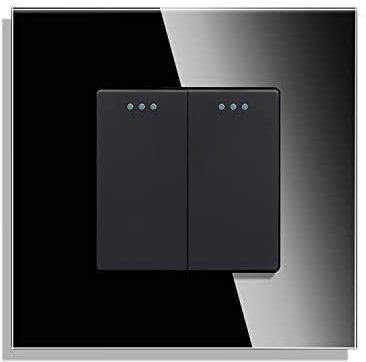 CNBINGO Interruptor de botón de balancín con puntos fluorescentes, placa de pared Negro de cristal de cristal moderno, interruptor de luz individual, interruptor de 2 bandas de 1 vía, 10A 250V