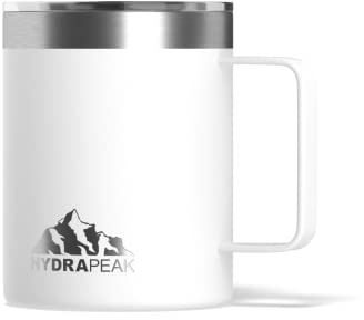 Hydrapeak 14oz Insulated Travel Mug with Splash Proof Lid, Stainless Steel, BPA-Free Double Walled with Handle, Camper Coffee Mug for Men and Women (White)