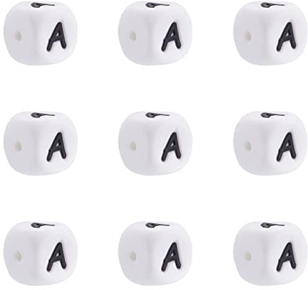PandaHall 10pcs Cube Silicone Letter Beads 12mm Square White Letter A Alphabet Spacer Loose Beads for Friendship Bracelet Necklace Making DIY Supplies, Hole: 2mm
