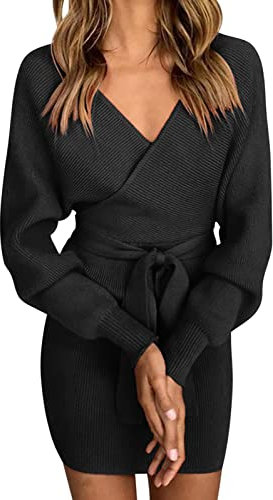 heekpek Women Jumper Dress Bodycon Long Sleeve Jumper Dresses Slim Fit Sweater V Neck Knitted Jumper for Office, Parties, Leisure, Cocktail Parties, Black, Size L