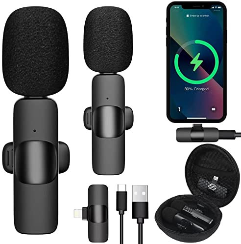 Wireless Lavalier Microphone iPhone 2 Pack With Carry Case iPad, Plug & Play Lapel Clip-on Mic for YouTube TikTok Interview Live Stream Video Recording - Auto Noise Cancellation, Auto Sync