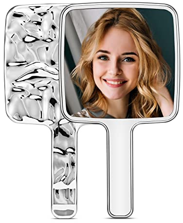 MIRRORNOVA Handheld Mirror, Water Ripples Hand Mirror with Handle for Make up, Square, Silver, Medium (5 x 9 inches)