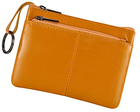 Porte-monnaie en cuir véritable avec triple fermeture éclair et porte-clés, marron clair, Pochette à monnaie