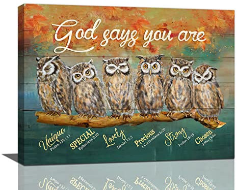 Inspirierende Eulen-Wandkunst, Bibelvers God Says You Are, Bilder, Wanddekoration, Leinwanddrucke, gerahmt, modernes Tiergemälde, Kunstwerk für Badezimmer, Esszimmer, Wohnzimmer, 40.6x30.5 cm
