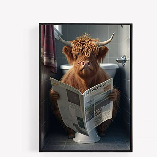 gfc Funny Bathroom Toilet animal Print Picture Poster highland cow on a toilet reading newspaper A4 UNFRAMED wall art Home decor Decorating