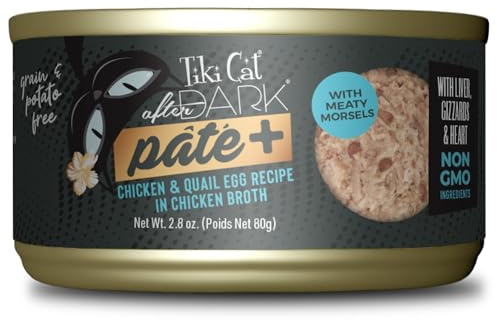 Tiki Cat After Dark Pate+, Chicken & Quail Egg, High-Protein and 100% Non-GMO Ingredients, Wet Cat Food for Adult Cats, 2.8 oz. Cans (Pack of 12)