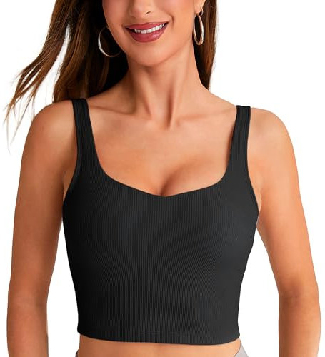 BAYDI Damen Sport BH ohne Buegel Langlinie Bustier Gepolstert Crop Top Gerippte Yoga Fitness Soft Bra mit Abnehmbaren Cups Schwarz