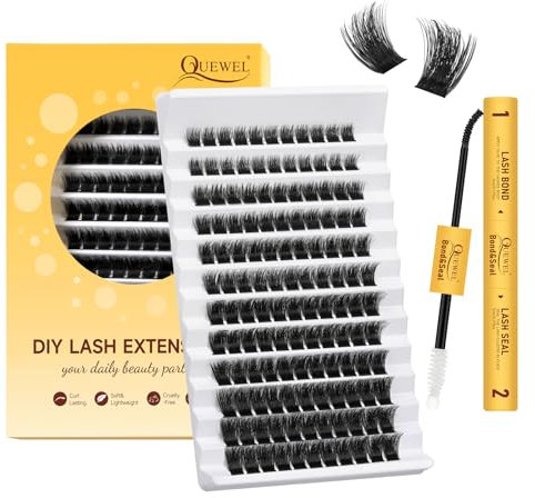QUEWEL Juego de extensiones de pestañas individuales, pestañas con pegamento para pestañas Bond & Seal, extensiones de racimo de pestañas naturales y duraderas, adecuadas para principiantes DIY