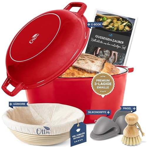 Ottia Marmite en fonte avec pot de fermentation - 26 cm - Moule à pain avec couvercle - Idéal pour le pain, la cocotte à rôtir - Convient également pour l'induction - Distributeur de Hambourg