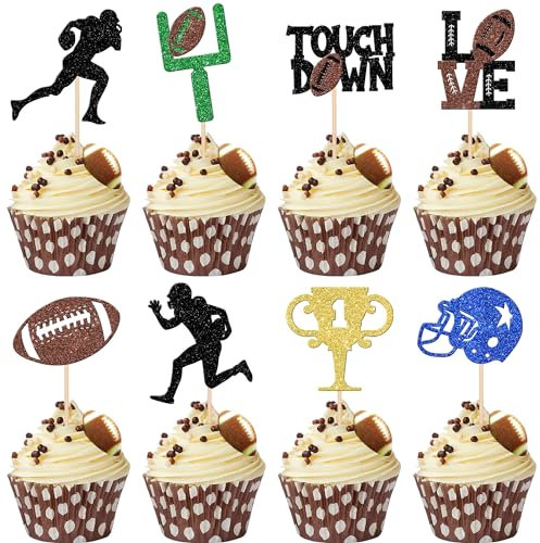 Xsstarmi 24 Pack Rugby Ball Cupcake Toppers Black Football Cupcake Toppers Football Player Sport Cupcake Picks Super Rugby Touch Down Sports Theme Baby Shower Birthday Party Cake Decorations