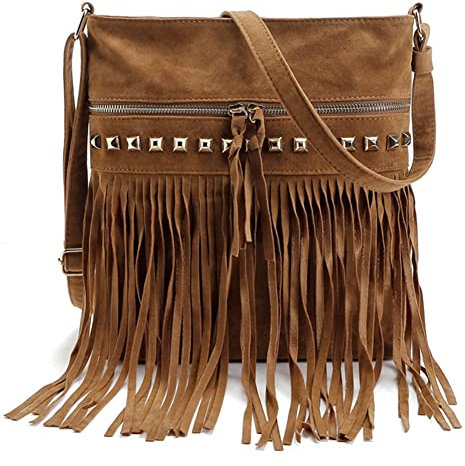 ARVALOLET Faux Wildleder Umhängetasche Frauen Retro Schulter Crossbody Tasche Fransen Quaste Einfarbig Hippie Stil Verziert Nieten Reise Straße, braun, 25 * 11 * 18 cm