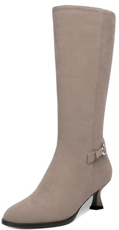 AMBELIGHT Stivali da donna in pelle scamosciata con cerniera tinta unita casual punta rotonda datazione gattino tacco basso metà polpaccio 2 pollici, cachi, 40.5 EU