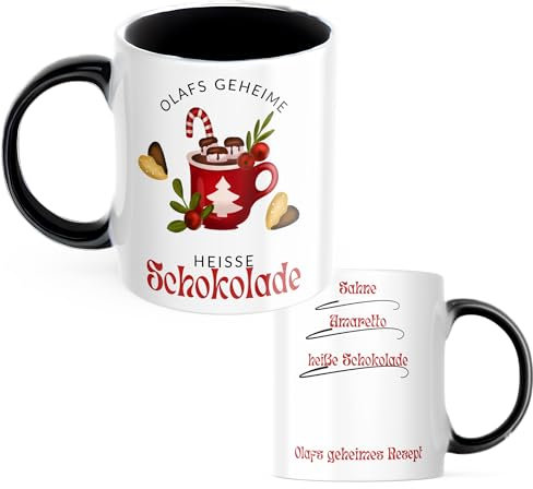 drunkLY Weihnachtstasse mit Namen - Heiße Schokolade + Rezept - personalisierter Keramik Kaffee-Becher – Weihnachts-Tasse - Glühwein-Tasse - Nikolaus & Wichteln Geschenk-Idee (schwarz)