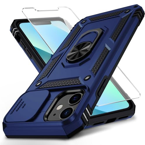 Vinve for iPhone 12 Mini Case with Slide Lens Cover, HD Screen Protector, Military Grade Drop Protection, Magnetic Rotated Ring Holder Kickstand Phone Case for iPhone 12 Mini (Navy Blue)