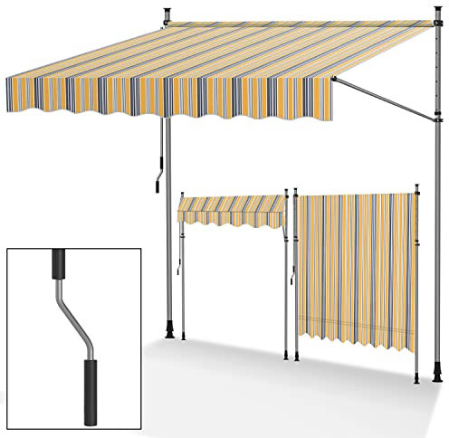 Tubiaz Klemmmarkise Balkon ohne Bohren, markise Balkon 300cm breit mit Handkurbel, Höhenverstellbare, UV-beständig und wasserdicht Klemmmarkise für Terrasse Balkon, Gelb-Blau