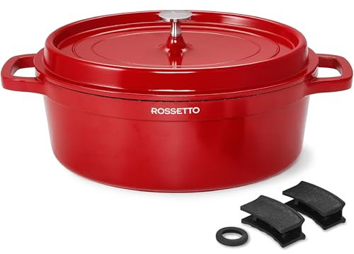 ROSSETTO cacerola oval con tapa, rojo Ø38cm 10,6L cocotte cacerola holandesa con revestimiento antiadherente para hornear, estofar, asar, inducción (Rojo, 31cm Óvalo 6,3L)
