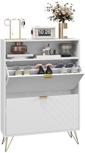 HOMCOM Narrow Shoe Cabinet with 2 Flip Drawers, Slim Shoe Storage Cabinet with Adjustable Shelves, Open Shelf, Hairpin Legs and 2 Vents for 12 Pairs of Shoes for Entryway, White