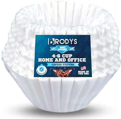 Brodys Coffee Filters 4-6 Cups - Junior Basket Style (200 Count), White Paper, Chlorine Free, All-Natural Paper, No Messy Ground Overflow