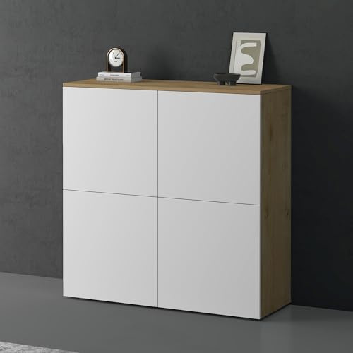 doporro Kommode 100cm Sideboard 4 Türen Push-to-Open grifflos | Sideboard Wohnzimmer, 8 Fächer, verstellbare Böden & Füße, Kerneiche und Weiß matt, BxTxH:100x36,4x98cm, Schrank04