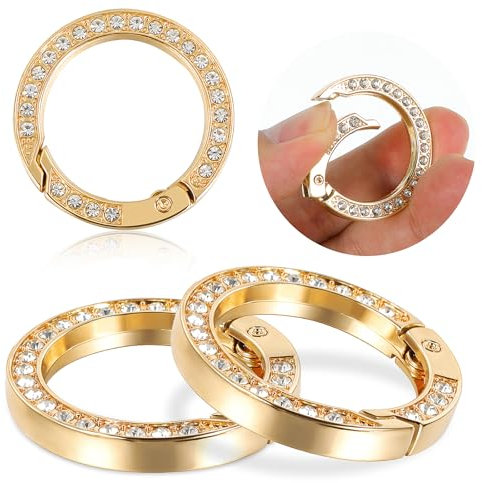 4 Stück Karabiner Mini 25 mm Spaltring O Ring Klein Karabinerhaken Gold Rund Schlüsselringe Diamant Spaltring Strass Schlüsselanhänger Metall Haken Clip für Geldbörse DIY Handwerk (Gold)