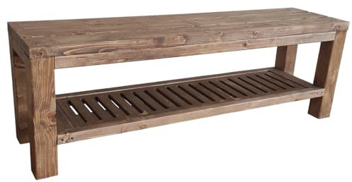Banco de Madera de Abeto Impregnada, Modelo Classico + Ripiano, con Zapatero, Ideal para Interior y Exterior también a Medida