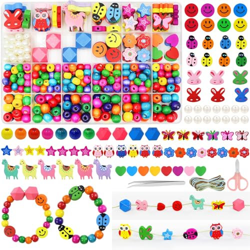 HavaCue 420 Piezas Cuentas de Madera de Colores, 11 artículos Perlas de Madera Natural, Cuentas Redondas para Manualidades Con Cuerdas Elásticas, Tijeras, Pinzas