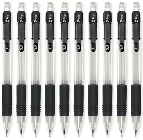 Zebra Z-Grip Lot de 10 porte-mines rétractables et rechargeables Noir et corps transparent mine HB 0,5 mm