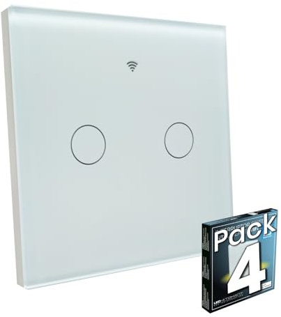 LED ATOMANT Pack 4x Interruptor de Cristal Inteligente Wifi 2 Vias, Pulsador de pared, Control Mediante APP Smart Life, Compatible con Google Assistant y Alexa, Pulsador Tactil Iluminacion