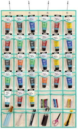 TEMUORG Hanging Acrylic Paint Tubes Organizer Over The Door Art Supplies Storage Markers 36 Pocket Holder for Pastels Crayons Brushes Tools (Beige)