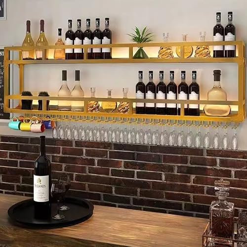 Porte-Bouteilles Muraux Industriels avec Porte-Verre,Casier À Vin en Métal,Porte-Verre À Vin Suspendu Mural pour Bar Boissons,Étagères Polyvalentes,Étagère Murale en Verre pour Cuisine double niveau(G