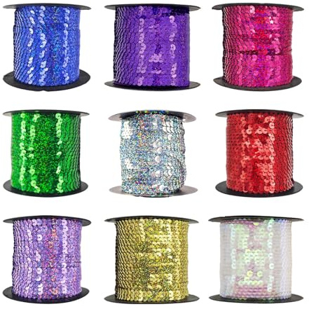 DBAILY Pailletten Schnur 9 Rollen * 4,6 Meter Paillettenbesatz Perlen Pailletten Band Iridescente Spangles für DIY Kunst Handwerk Halskette Nähen Kleidung Kleid Dekoration