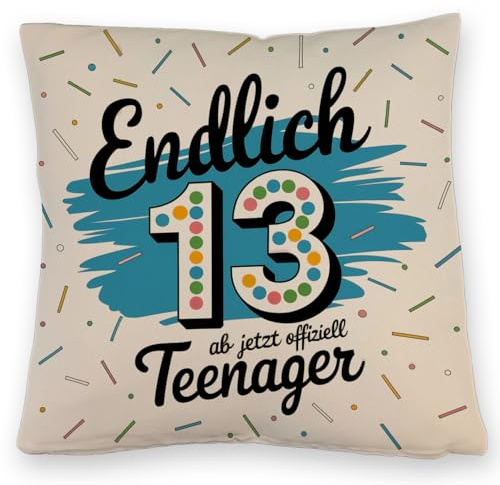 speecheese Endlich 13 Kissen mit Leinenoptik für Teenager Perfektes Geburtstag Design Bunte Konfetti lebendiger Schriftzug tolle Geschenkidee für den neuen Lebensabschnitt