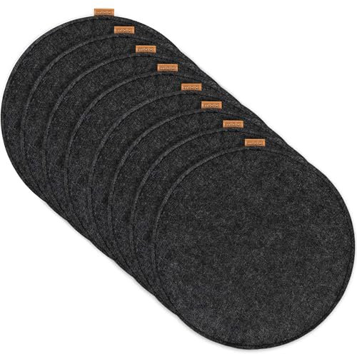 Miqio Design Filz Sitzkissen Rund mit Antirutschnoppen | 35cm | 8er-Set | Indoor und Outdoor | Nachhaltig aus recycelten PET Flaschen | Waschbare Stuhlkissen rutschfest | Dunkelgrau