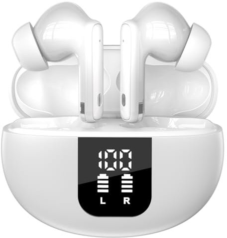 Wireless Earbuds, Bluetooth 5.4 Headphones in Ear with 4 ENC Noise Cancelling Mic,Wireless Earphones HiFi Stereo Deep Bass,Bluetooth Earbuds Dual LED Display, 40H Playtime, IP7 Waterproof, USB-C,White