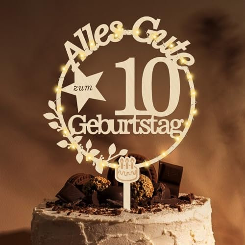 Giftota Cake Topper 10. Geburtstag Holz mit LED Lichterkette - Tortendeko 10. Geburtstag Deko - Kuchen Deko für Jungen Mädchen