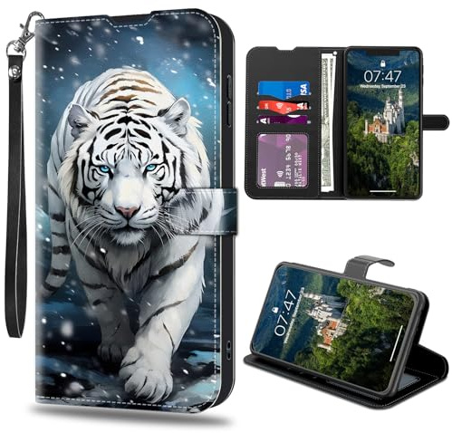 CAPAUNVDA for iPhone 15 Pro 6.1 inch Wallet Case with Credit Card Slots Holder, PU Leather Shockproof RFID Blocking Cover for iPhone 15 Pro 6.1 inch,White Tiger