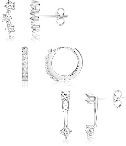 3 Stücke Ohrringe Silber 925 Damenohrringe Piercing Set Ohrringe Creolen Hypoallergen Diamantohrringe für Mehrere Ohrlöcher (Silberweiß)
