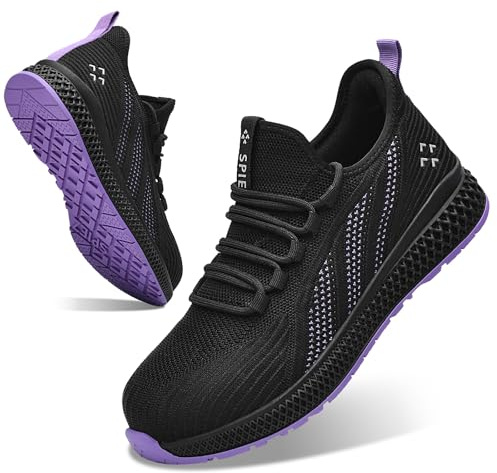 SPIEZ Zapatos de Seguridad Mujer, Zapatos de Trabajo Ligeros con Puntera de Composite, Zapatillas de Seguridad sin Antideslizante, Negro-Morado, EU 35-41
