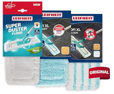 Leifheit 3er Set Wischbezug Profi XL, für Trocken- und Nassreinigung, waschbare Bodenwischer Bezüge für Parkett, Fliesen und Co, unterschiedliche Wischbezüge, waschen statt wegwerfen