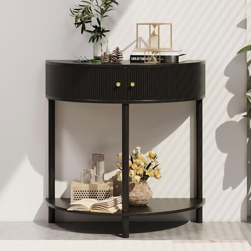 Trironsun Fluted Half Moon Console Table with Storage Slim 2-Tier Entryway Table with Cupboard Wooden Hall Table with Gold Knobs Boho Style for Small Spaces (Black)