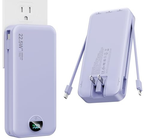 Nusyddy Portable Charger with Built in Cable and AC Wall Plug, USB C Power Bank 20000mAh 22.5W Super Fast Charging, Lightweight Portable Phone Charger Travel Battery Pack for iPhone, ect